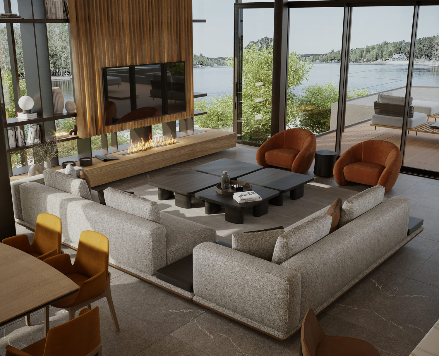A contemporary interior design for a house by a lake near Raleigh, NC