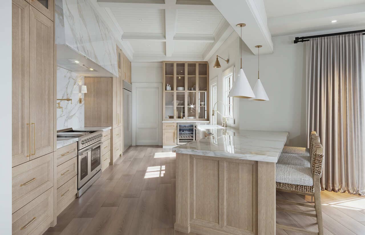 A kitchen for a Wilmington home with coffered ceiling with tongue-and-groove boards repeats the linear rhythm of cabinet rails and floor planks, guiding the eye down