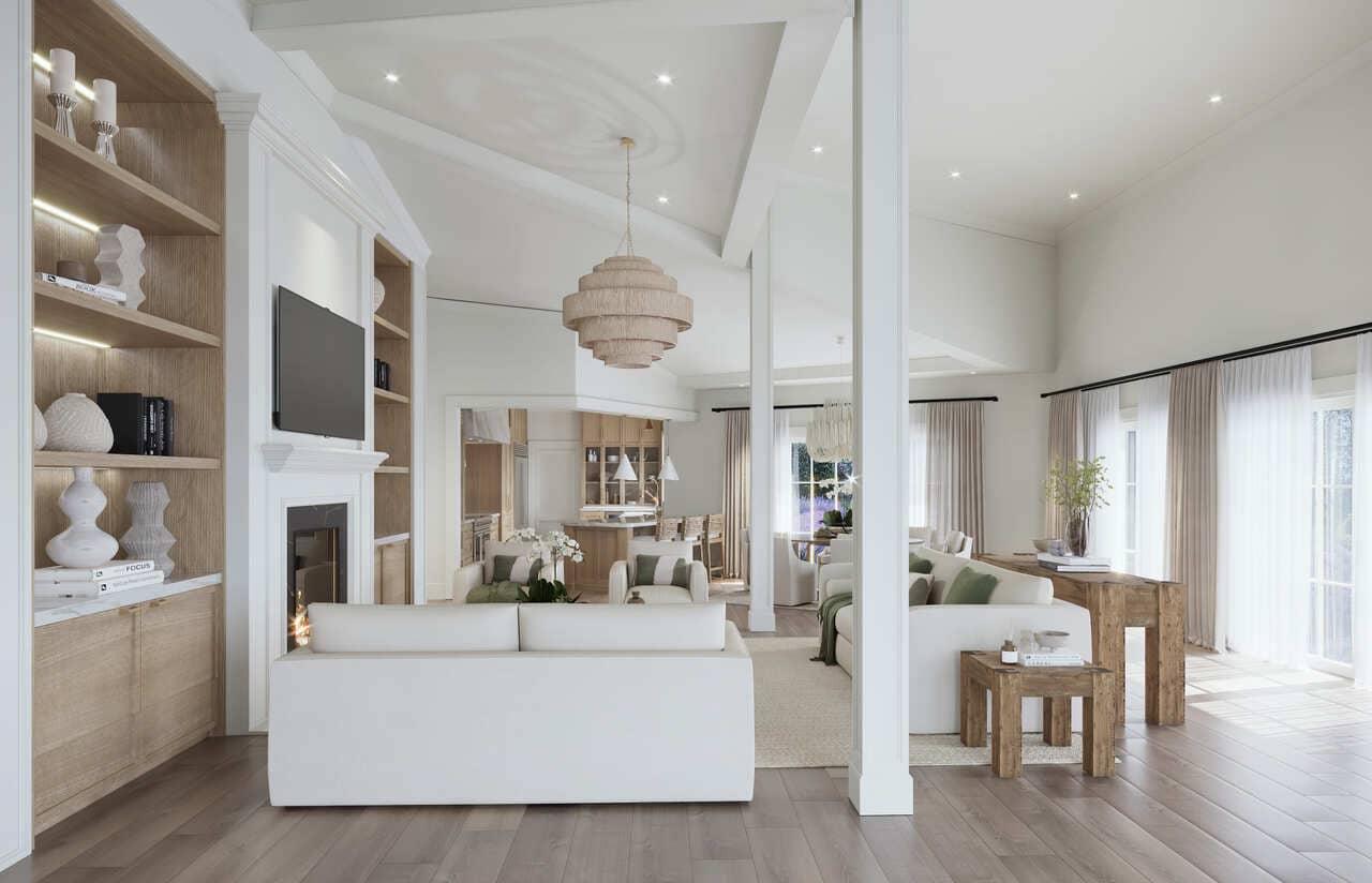 A large living room interior design in a costal North Carolina style