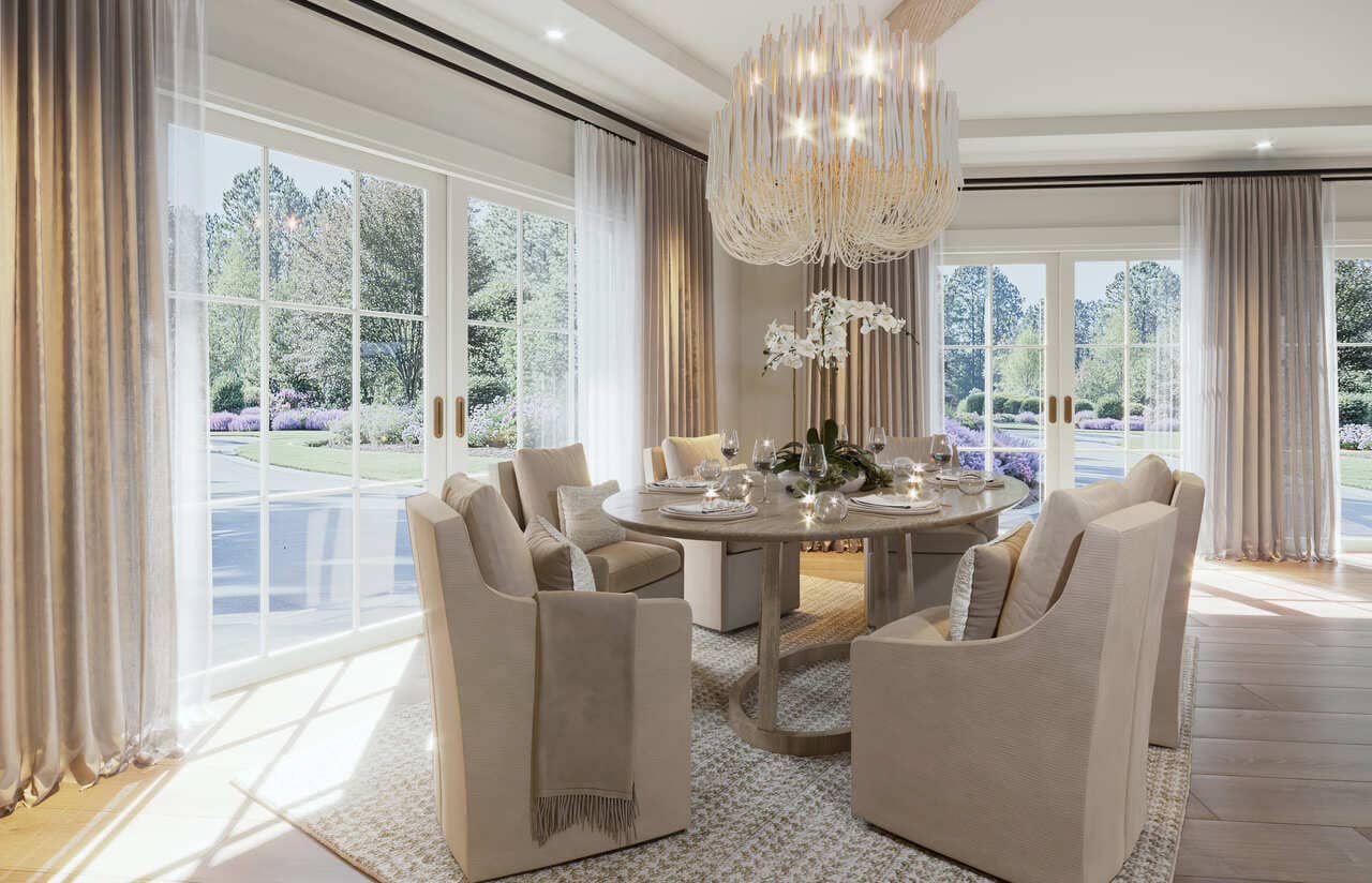 The dining are interior design for a NC house centers on a round wood pedestal table set on a nubby rug and surrounded by six fully upholstered armchairs