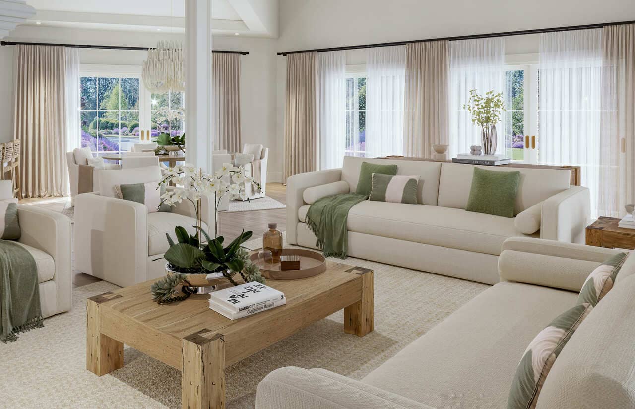 Two long, low sofas and a pair of club chairs form a calm conversation zone around a chunky, knotty-oak coffee table
