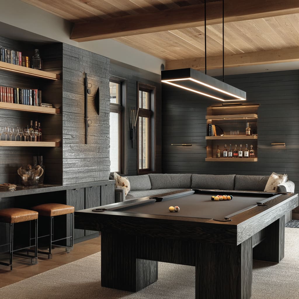 A Charcoal-toned snooker room design with brushed wood walls, oak shelves, matte black felt, and caramel leather accents A Charcoal-toned snooker room design with brushed wood walls, oak shelves, matte black felt, and caramel leather accents