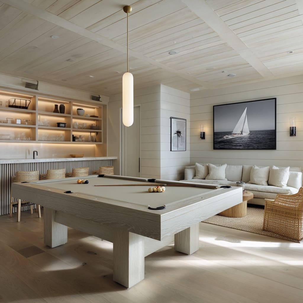 A coastal minimalist snooker room design with milky wood surfaces, woven textures, and sand-toned felt for a breezy look A coastal minimalist snooker room design with milky wood surfaces, woven textures, and sand-toned felt for a breezy look