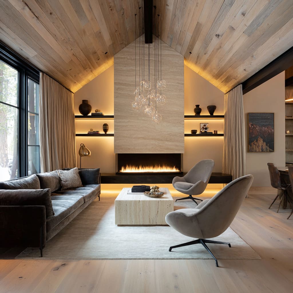 A-frame modern chalet interior with travertine fireplace, black ridge beam, floating illuminated shelves A-frame modern chalet interior with travertine fireplace, black ridge beam, floating illuminated shelves