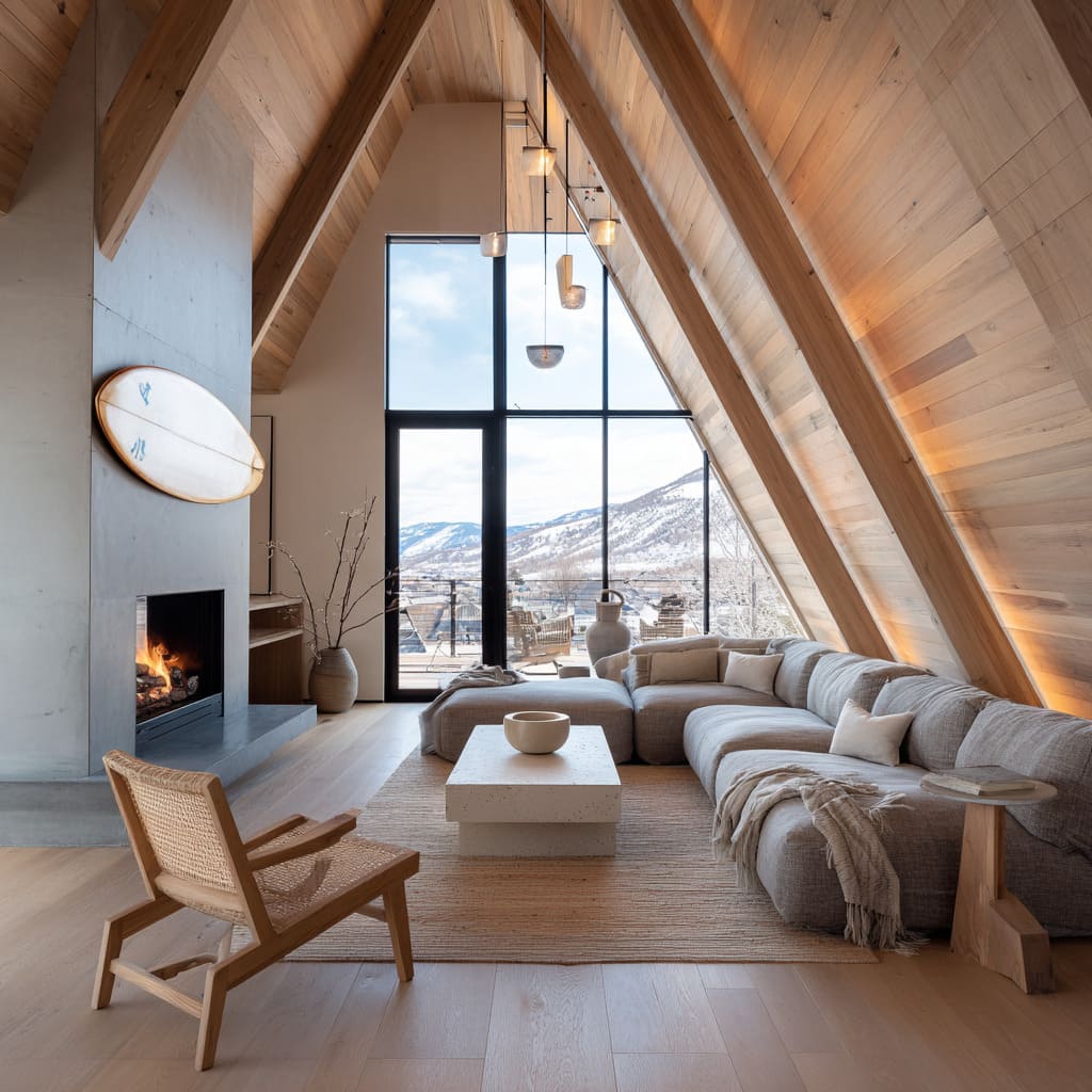 Interiores de choza de surf tipo A-frame con techo inclinado de madera, tabla de surf sobre chimenea de concreto y mesa efecto terrazo bajo esferas de vidrio. Interiores de choza de surf tipo A-frame con techo inclinado de madera, tabla de surf sobre chimenea de concreto y mesa efecto terrazo bajo esferas de vidrio.