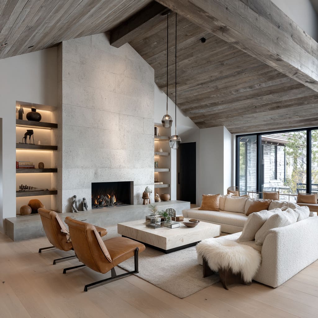 Airy modern chalet living room design with graywashed ceiling, limestone fireplace, backlit shelves, pale sectional sofas Airy modern chalet living room design with graywashed ceiling, limestone fireplace, backlit shelves, pale sectional sofas