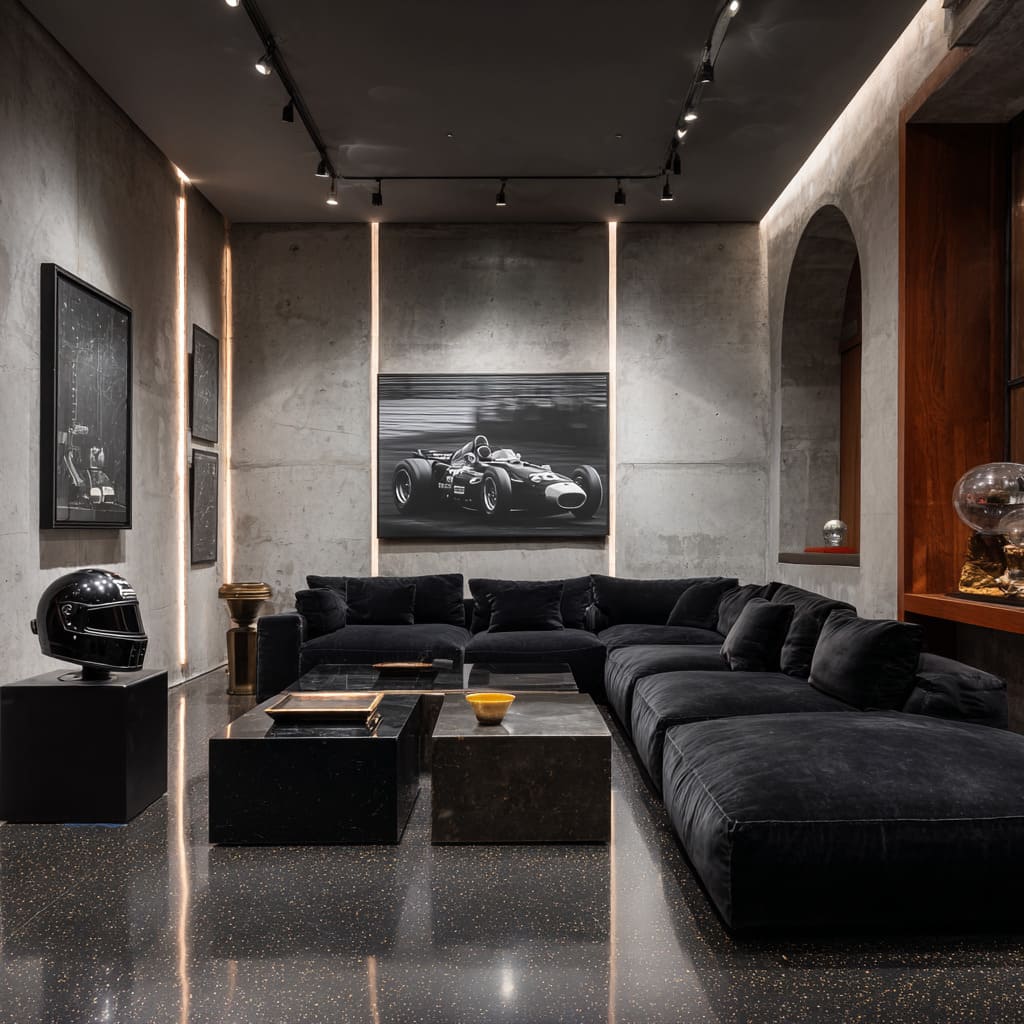 Automotive-inspired high-end man cave concept with concrete wall panels, gold-fleck terrazzo flooring, charcoal velvet sectional Automotive-inspired high-end man cave concept with concrete wall panels, gold-fleck terrazzo flooring, charcoal velvet sectional