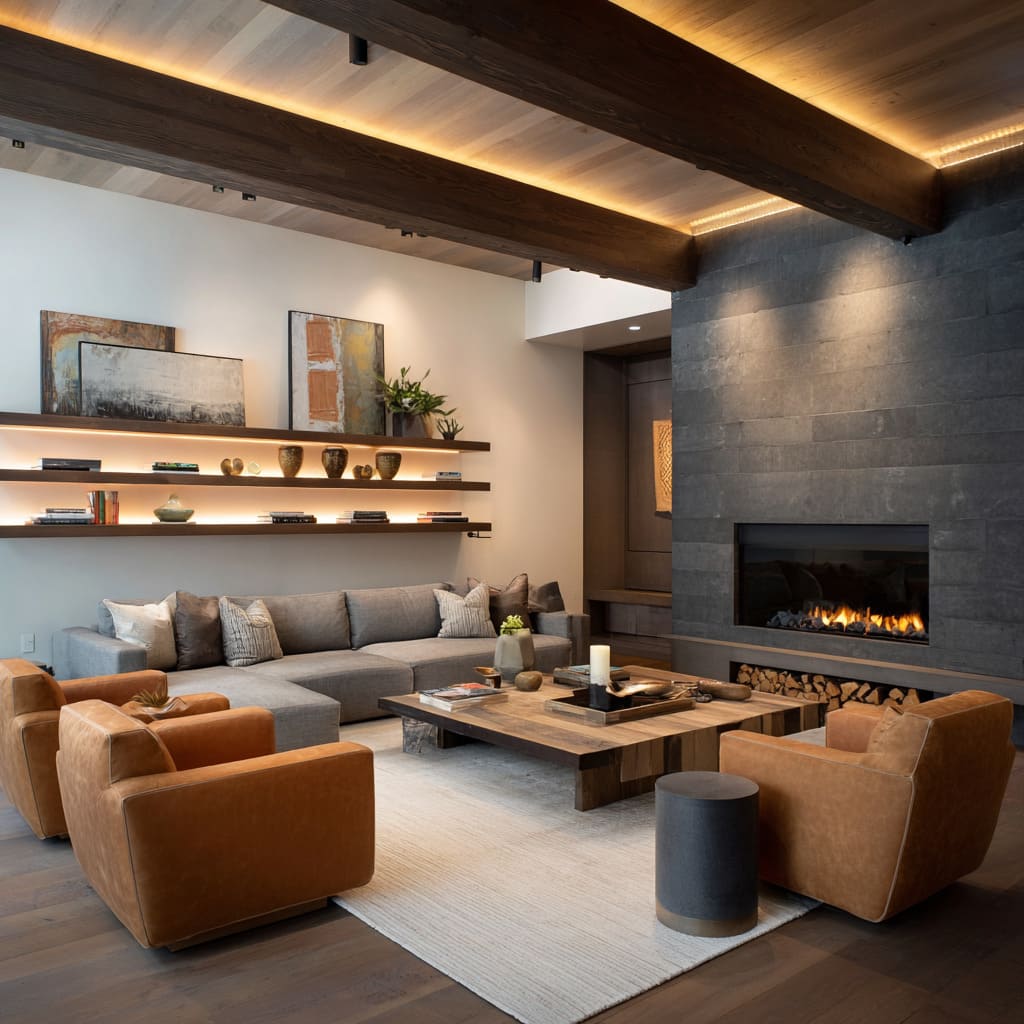 Beamed chalet styling design with light-planked ceiling, horizontal charcoal stone fireplace, gray modular sofa Beamed chalet styling design with light-planked ceiling, horizontal charcoal stone fireplace, gray modular sofa