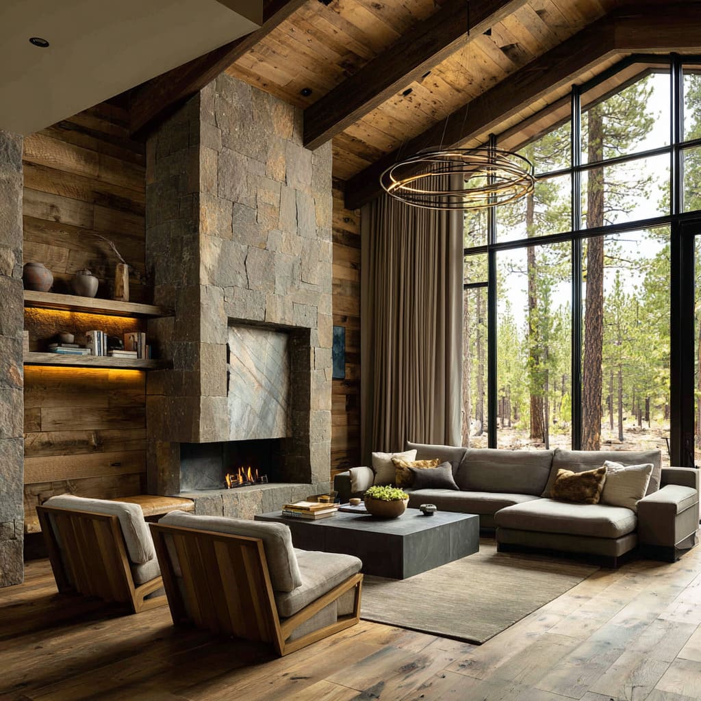 Big-timber chalet main room ideas featuring reclaimed wood walls, chunky stone chimney, graphite-gray sectional, open-back lounge chairs Big-timber chalet main room ideas featuring reclaimed wood walls, chunky stone chimney, graphite-gray sectional, open-back lounge chairs