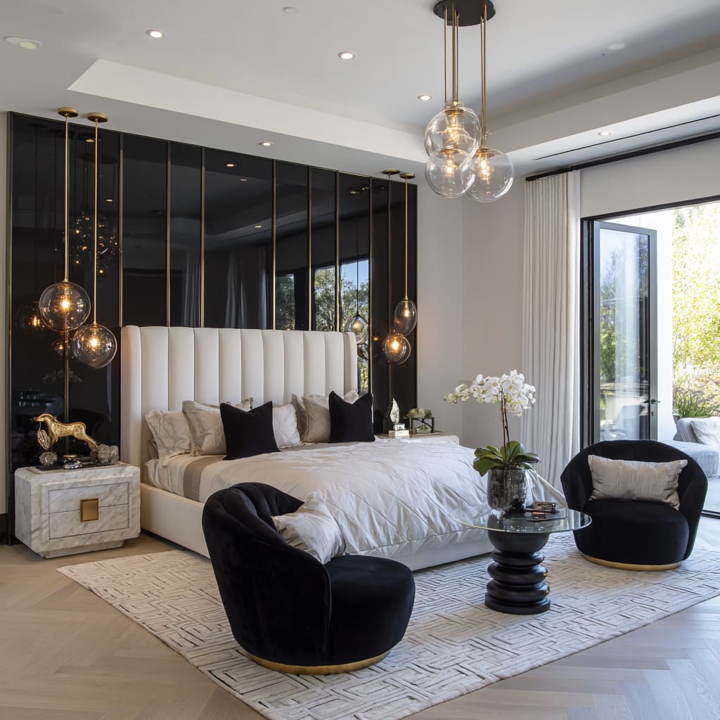 Black-and-white hollywood regency bedroom styling with glossy wall panels, gold accents, marble nightstands, and velvet swivel chairs Black-and-white hollywood regency bedroom styling with glossy wall panels, gold accents, marble nightstands, and velvet swivel chairs