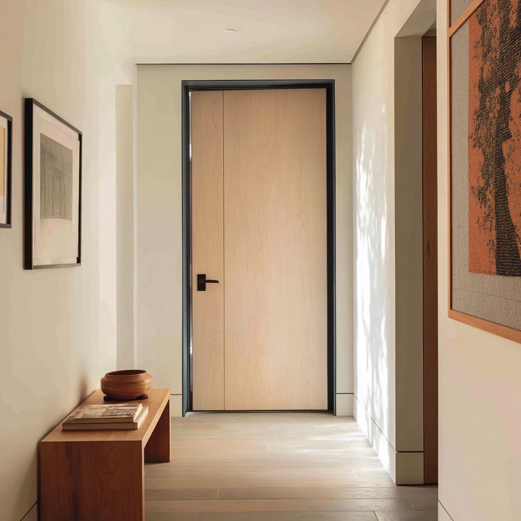 Bleached-oak door inside a graphite-blue portal that thickens the wall visually Bleached-oak door inside a graphite-blue portal that thickens the wall visually