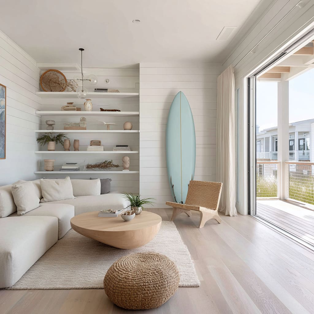 Diseño interior de casa de playa con estilo surfista y ambiente fresco, paredes blancas tipo shiplap, tabla azul menta y muebles redondeados. Diseño interior de casa de playa con estilo surfista y ambiente fresco, paredes blancas tipo shiplap, tabla azul menta y muebles redondeados.
