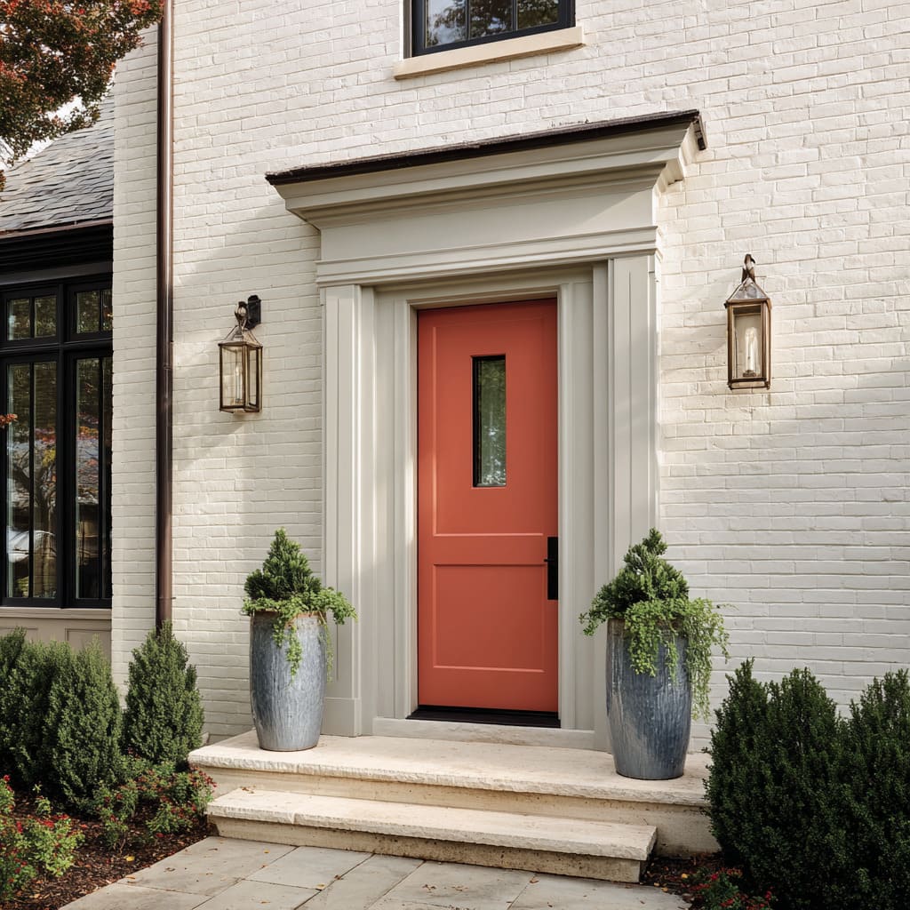Brick-red front door in classic surround with aged brass lanterns, storm-blue planters, and pale limestone stoop Brick-red front door in classic surround with aged brass lanterns, storm-blue planters, and pale limestone stoop