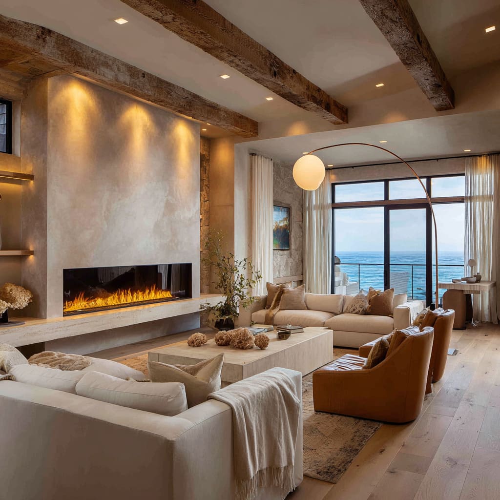 Bright coastal chalet sitting concept with a plaster fireplace, limestone hearth, caramel leather lounge chairs Bright coastal chalet sitting concept with a plaster fireplace, limestone hearth, caramel leather lounge chairs