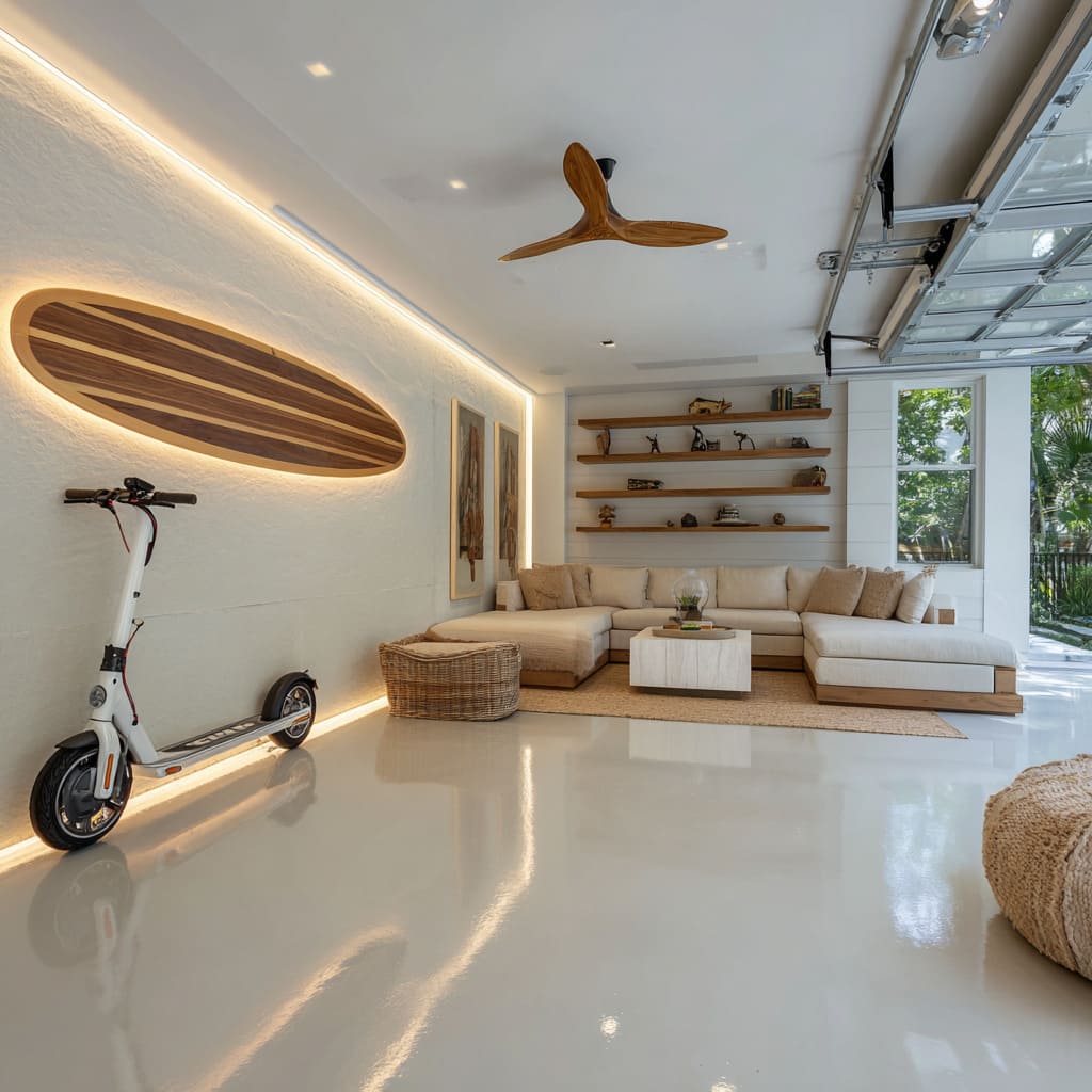 Bright coastal-style garage man cave design with white shell, illuminated surfboard art, linen sectional on wood base, woven ottoman Bright coastal-style garage man cave design with white shell, illuminated surfboard art, linen sectional on wood base, woven ottoman