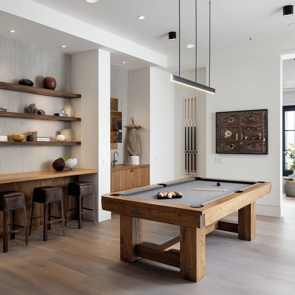 Bright snooker room design with white walls, walnut shelves, leather stools, slim black pendant, and modern bar setup
