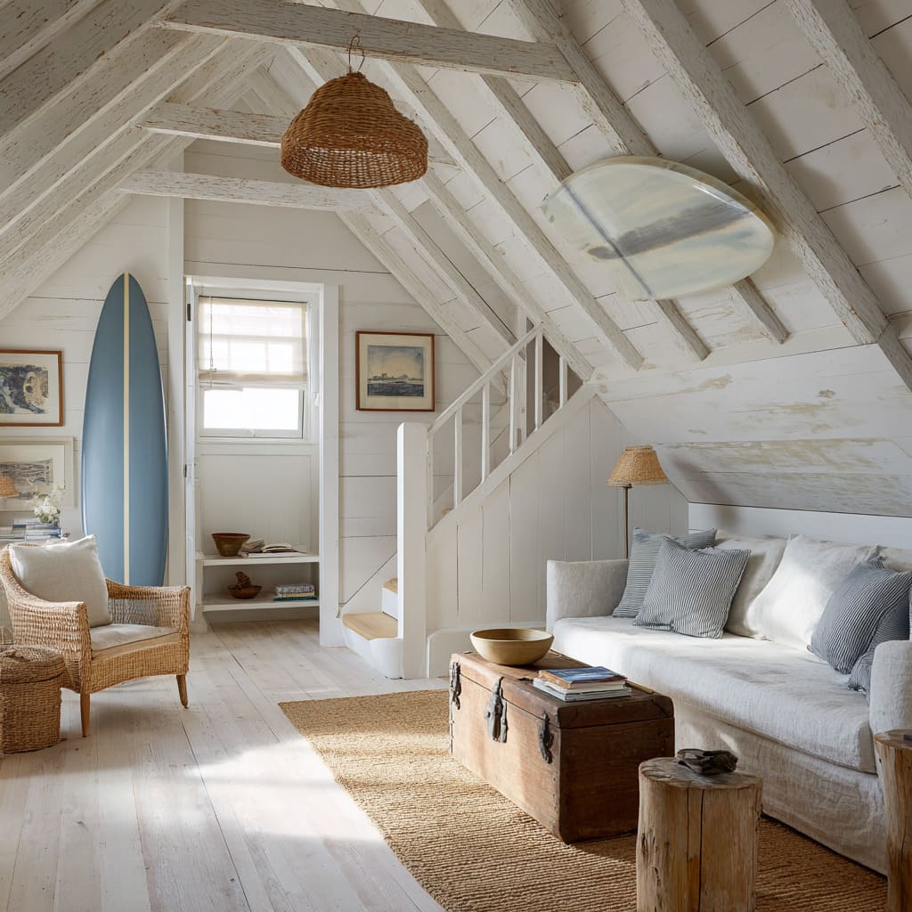 Concepto de ático estilo surf en Cape Cod con tonos blancos envejecidos, tabla azul alta, muebles de mimbre y mesa baja tipo baúl que crean un ambiente playero elevado. Concepto de ático estilo surf en Cape Cod con tonos blancos envejecidos, tabla azul alta, muebles de mimbre y mesa baja tipo baúl que crean un ambiente playero elevado.