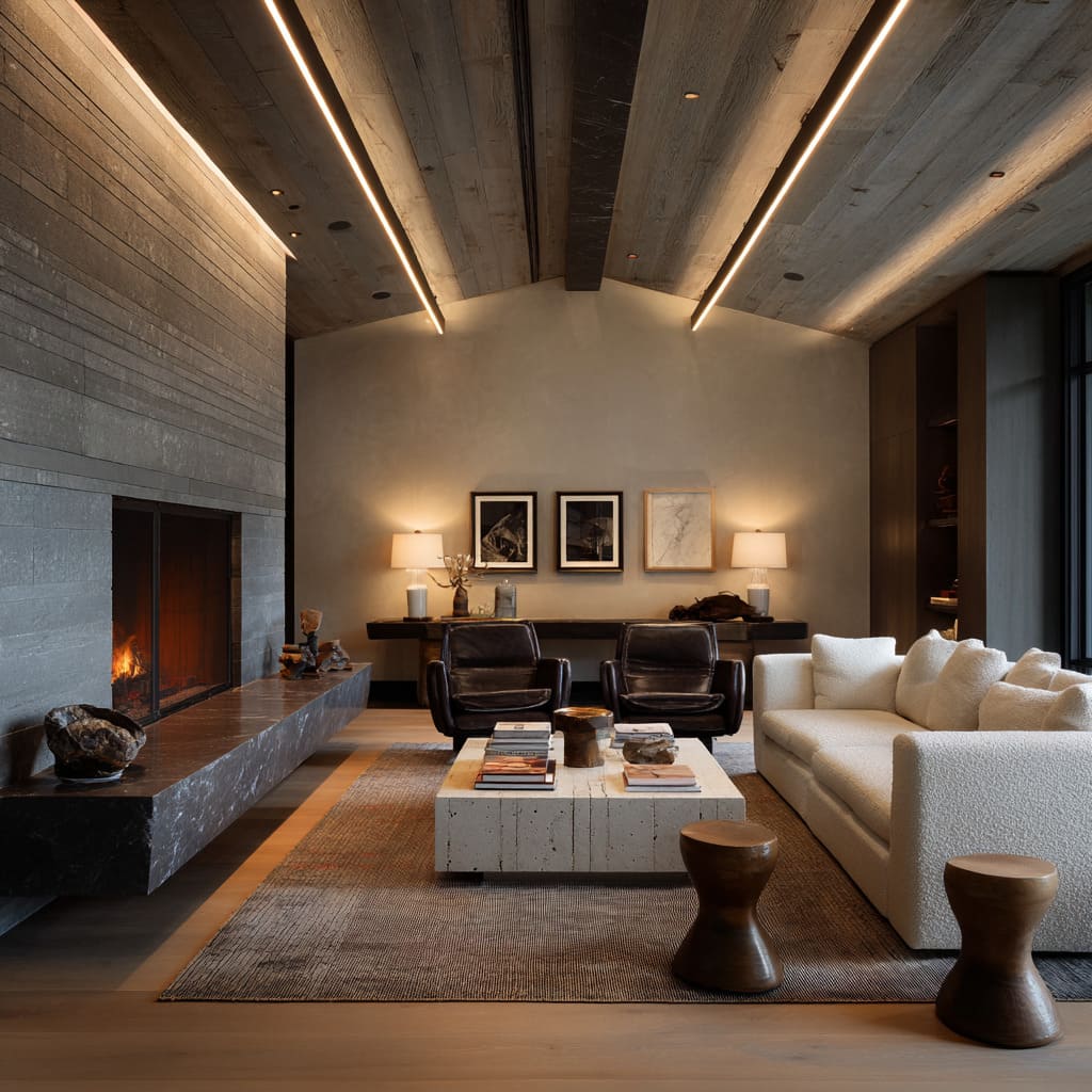 Chalet style living room decorating lit by LED ceiling seams, featuring board-formed wall, charcoal stone bench, white boucle sofa