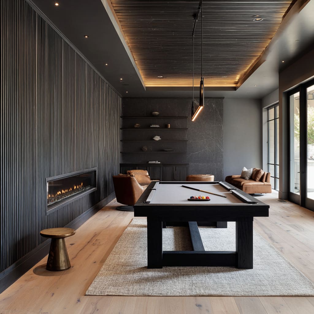 Charcoal snooker lounge styling with ribbed walls, linear fireplace, caramel leather seating, and black felt table Charcoal snooker lounge styling with ribbed walls, linear fireplace, caramel leather seating, and black felt table