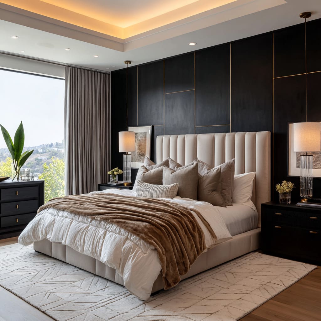 Cinematic hollywood regency bedroom style with black wall grid and fine gold lines, channeled sand-tone headboard Cinematic hollywood regency bedroom style with black wall grid and fine gold lines, channeled sand-tone headboard