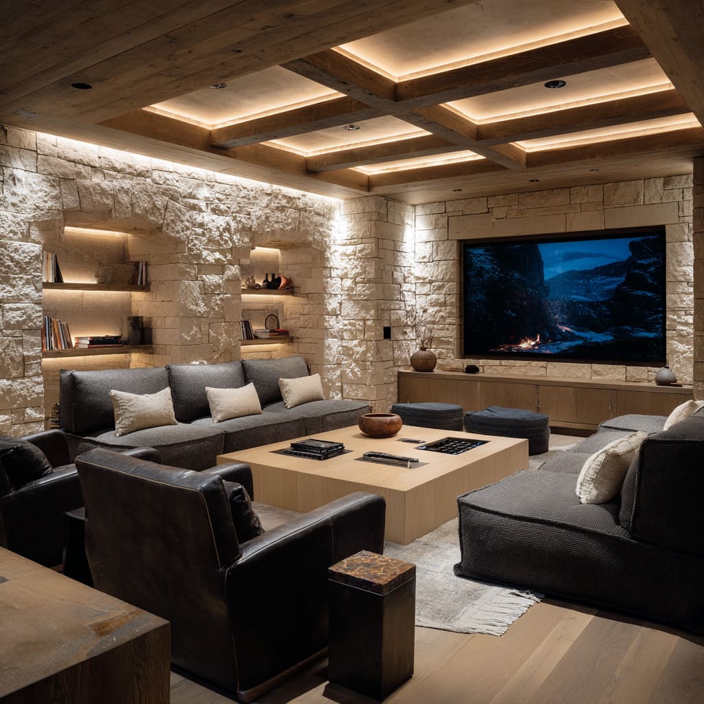 Clad den design with arched lit niches, timber coffer ceiling, charcoal seating, two leather chairs, big pale oak table, layered rug Clad den design with arched lit niches, timber coffer ceiling, charcoal seating, two leather chairs, big pale oak table, layered rug