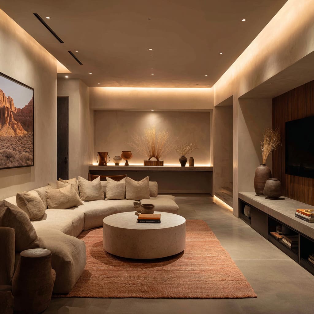 Clay-plaster lounge styling with curved sofa, round stone table on terracotta rug, and TV recessed beside a dark rib panel Clay-plaster lounge styling with curved sofa, round stone table on terracotta rug, and TV recessed beside a dark rib panel