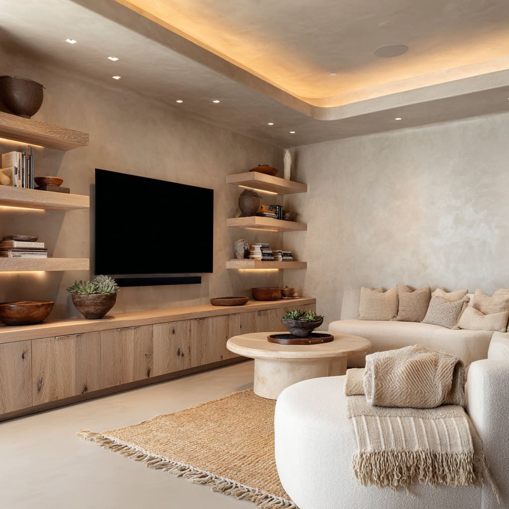 Clay-tone plaster room styling with chunky back-lit floating shelves, wide-board oak cabinet, curved cream sofa, small limestone round table Clay-tone plaster room styling with chunky back-lit floating shelves, wide-board oak cabinet, curved cream sofa, small limestone round table