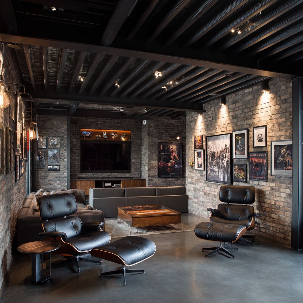 Club-inspired brick garage lounge concept with pin spot lighting, black leather mid-century chairs, wood coffee table Club-inspired brick garage lounge concept with pin spot lighting, black leather mid-century chairs, wood coffee table