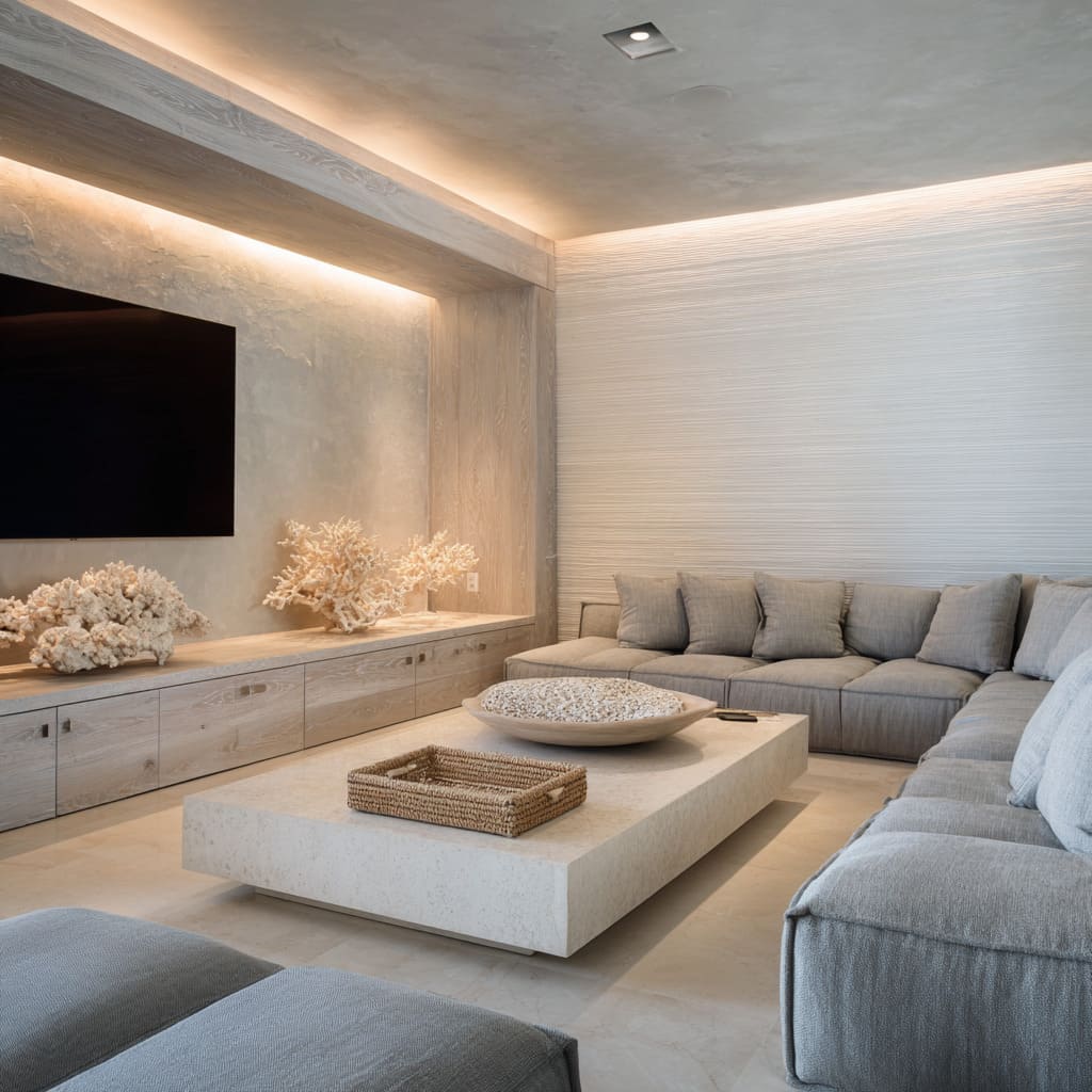 Coastal-calm lounge design with bleached-oak TV alcove, channel-stitched gray sofas, pale stone slab table, coral sculptures Coastal-calm lounge design with bleached-oak TV alcove, channel-stitched gray sofas, pale stone slab table, coral sculptures