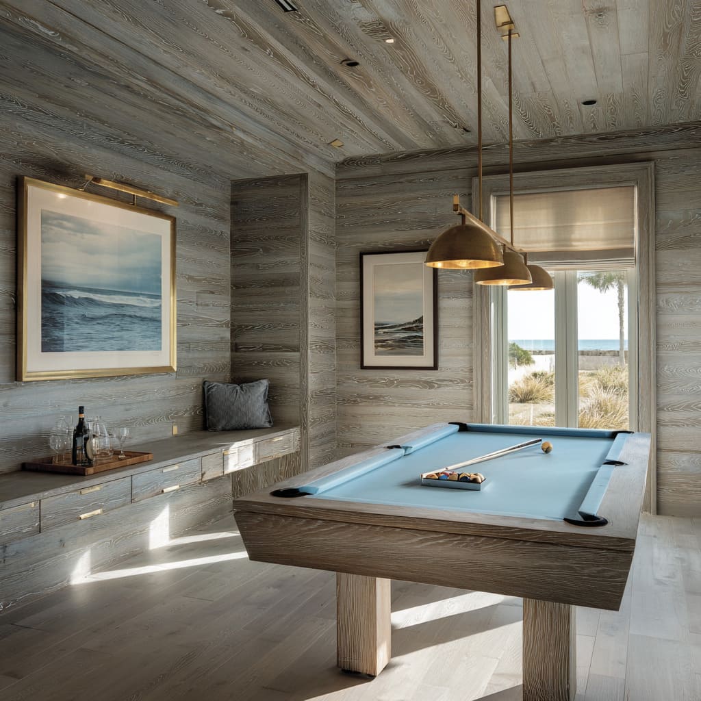 Coastal grey snooker room design with brass pendants, blue felt, cantilevered bench, and ocean-inspired artwork Coastal grey snooker room design with brass pendants, blue felt, cantilevered bench, and ocean-inspired artwork