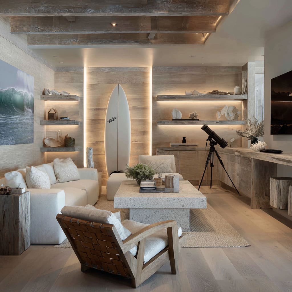 Coastal-inspired luxury man cave interior in pale driftwood and off-white textiles, backlit surfboard niche, floating shelves with coral decor Coastal-inspired luxury man cave interior in pale driftwood and off-white textiles, backlit surfboard niche, floating shelves with coral decor