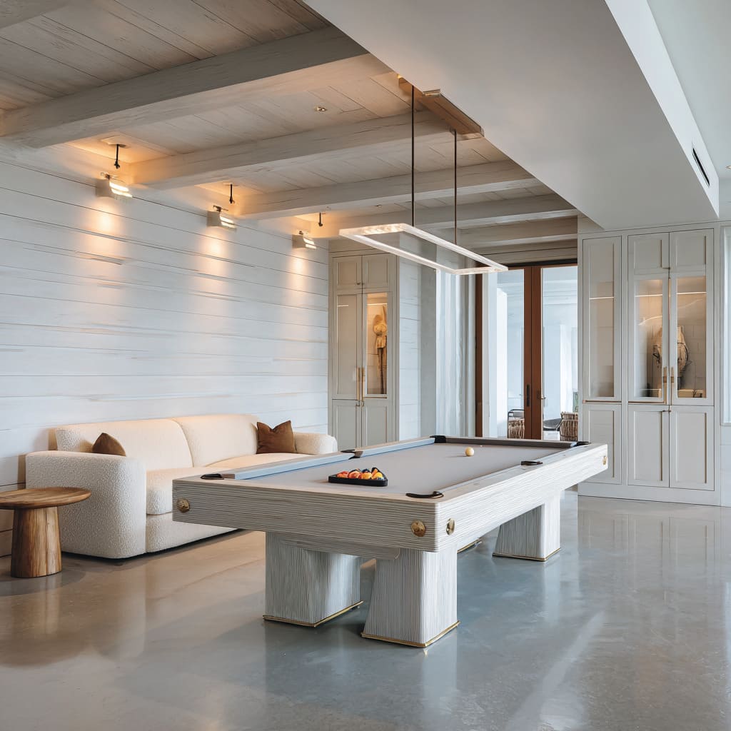 Coastal-inspired snooker room design with light wood panels, minimalist pendant lighting, and pale table accented by brass details Coastal-inspired snooker room design with light wood panels, minimalist pendant lighting, and pale table accented by brass details