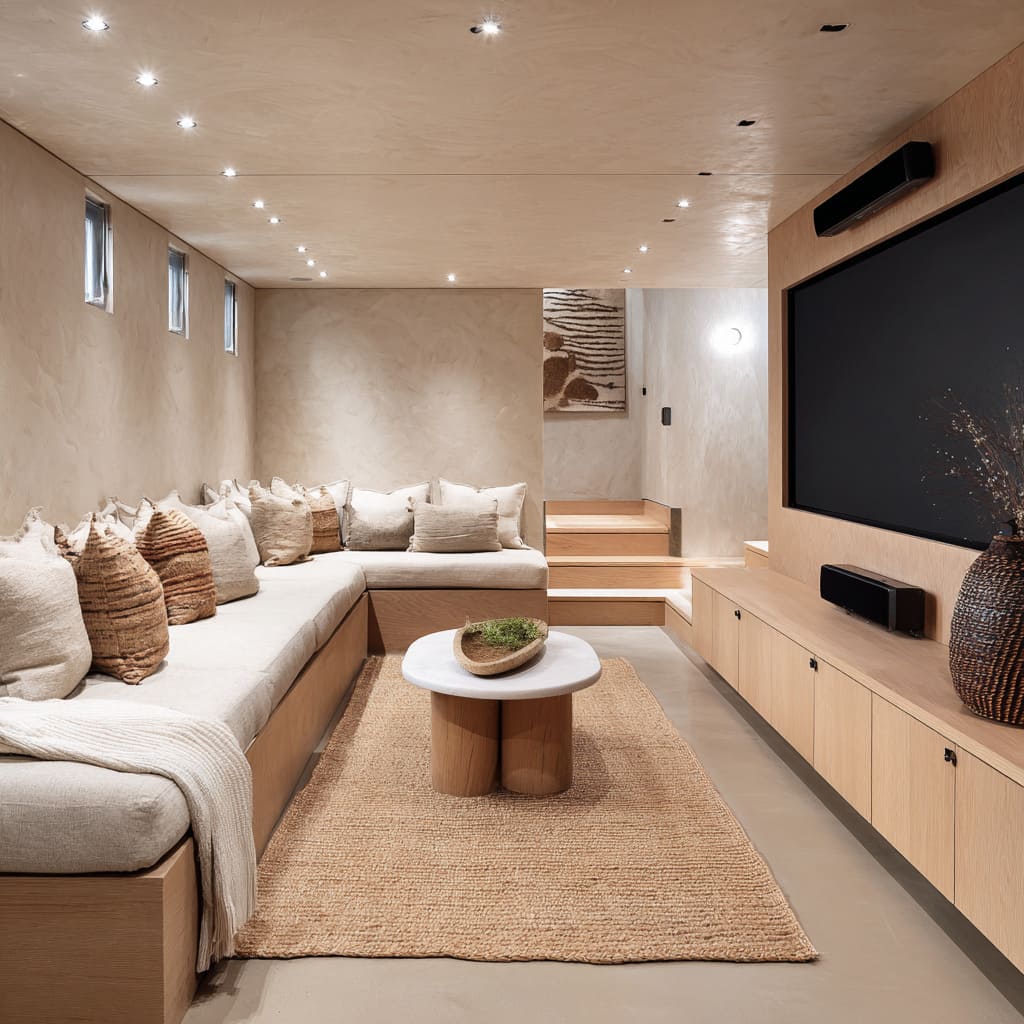 Compact cocoon home theater design with continuous pale oak built-ins, lime-washed walls and ceiling, high slot windows, jute runner Compact cocoon home theater design with continuous pale oak built-ins, lime-washed walls and ceiling, high slot windows, jute runner