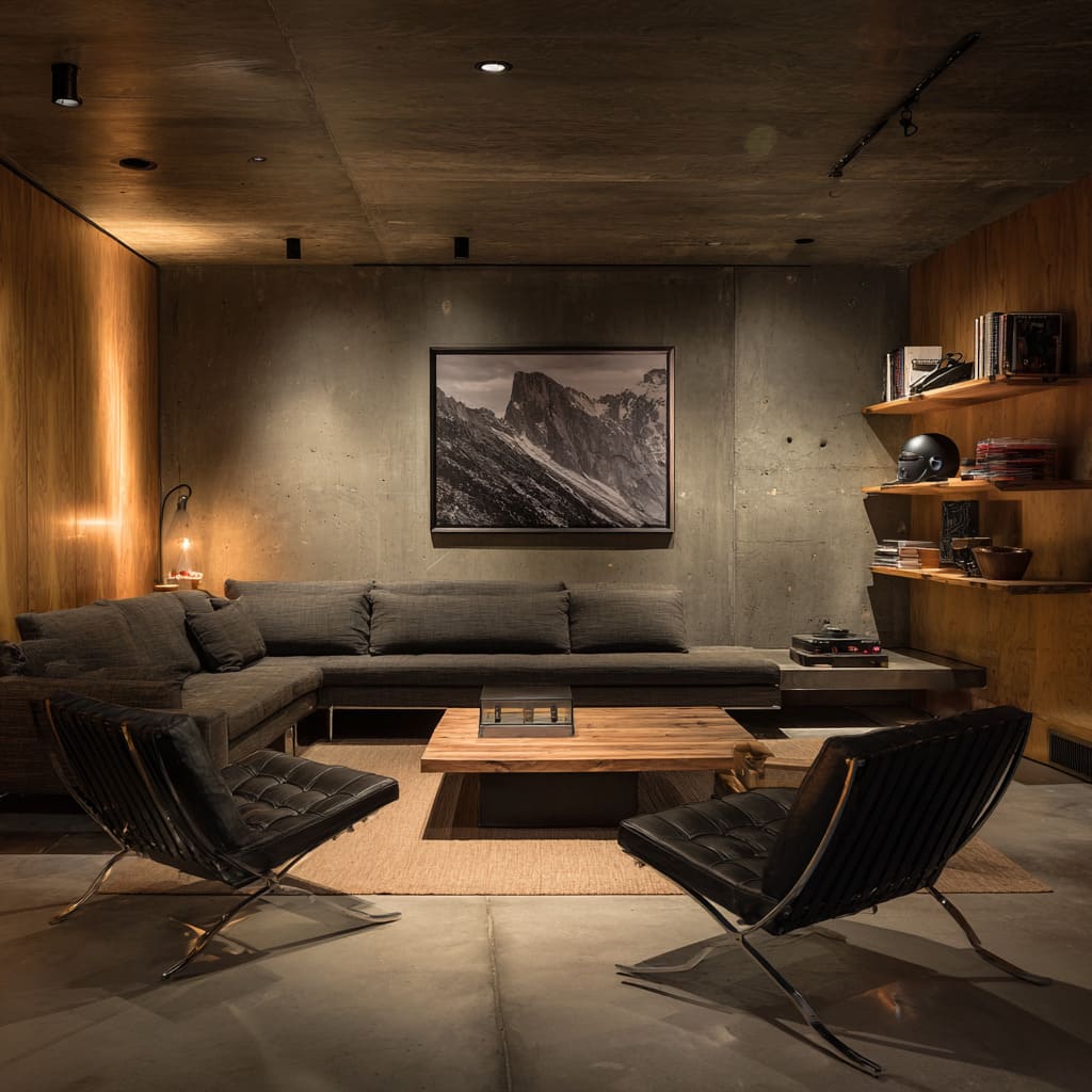 Compact concrete luxury man cave idea with curved walnut shelving, black steel lounge chairs, jute rug Compact concrete luxury man cave idea with curved walnut shelving, black steel lounge chairs, jute rug