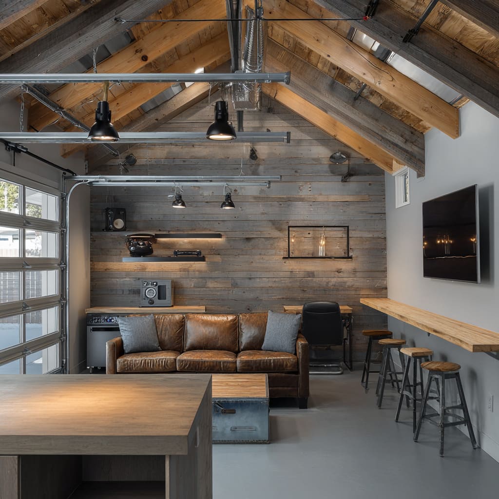 Compact studio-style garage man cave inspo with dual-tone rafters, reclaimed wood wall, caramel leather sofa, black pendant lights, metal trunk table Compact studio-style garage man cave inspo with dual-tone rafters, reclaimed wood wall, caramel leather sofa, black pendant lights, metal trunk table