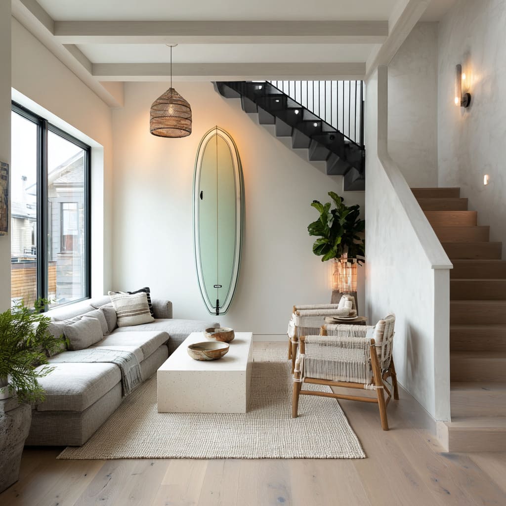 Diseño interior de casa urbana compacta con tabla verde menta retroiluminada, paredes blancas de yeso, sillas de cuerda y mesa de bloque de terrazo. Diseño interior de casa urbana compacta con tabla verde menta retroiluminada, paredes blancas de yeso, sillas de cuerda y mesa de bloque de terrazo.