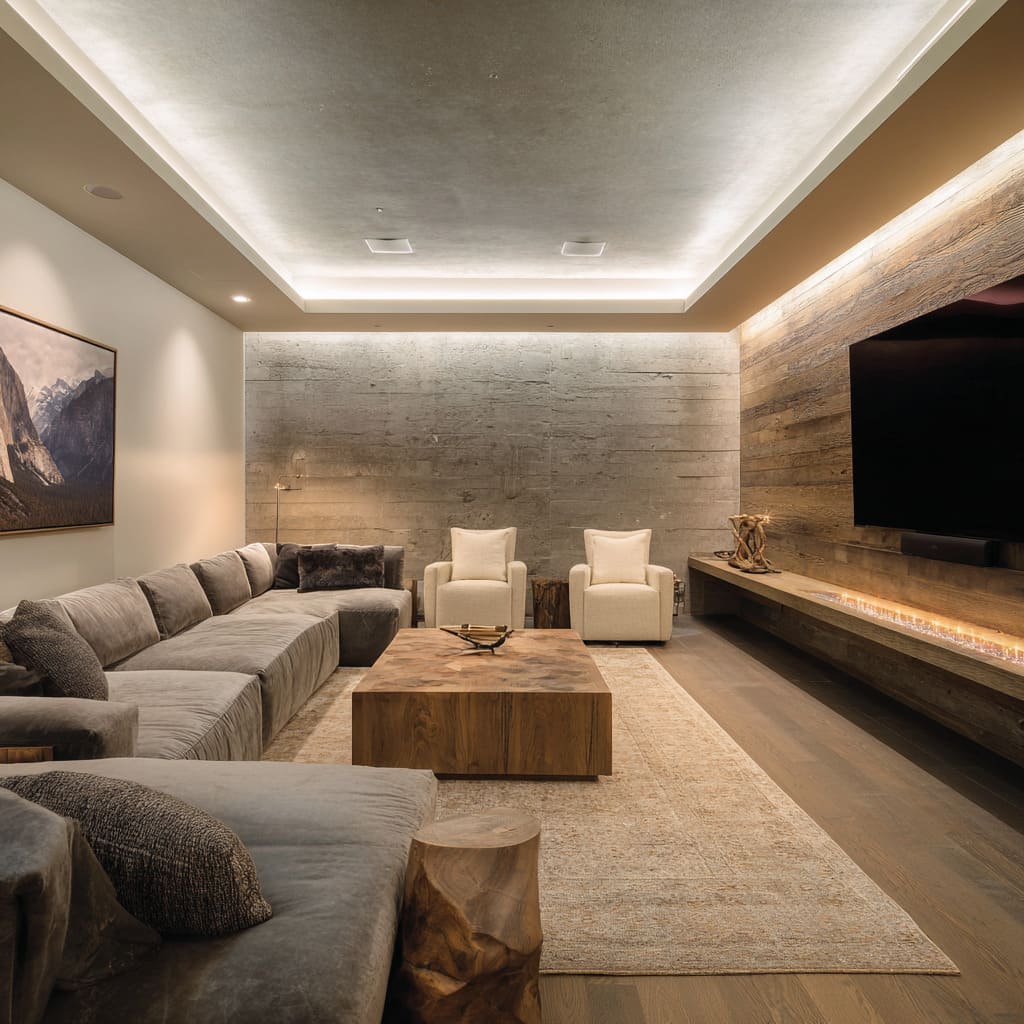 Concrete-and-timber media room inspiration with floating coved ceiling, weathered plank hearth, graphite sectional, light lounge chairs Concrete-and-timber media room inspiration with floating coved ceiling, weathered plank hearth, graphite sectional, light lounge chairs