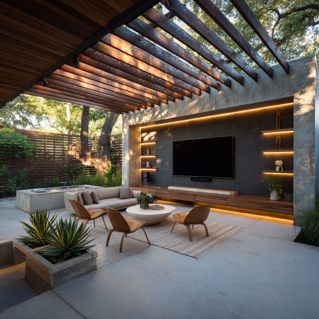 Concrete courtyard man cave ideas with charred timber pergola, floating walnut bench, and glowing architectural light reveals
