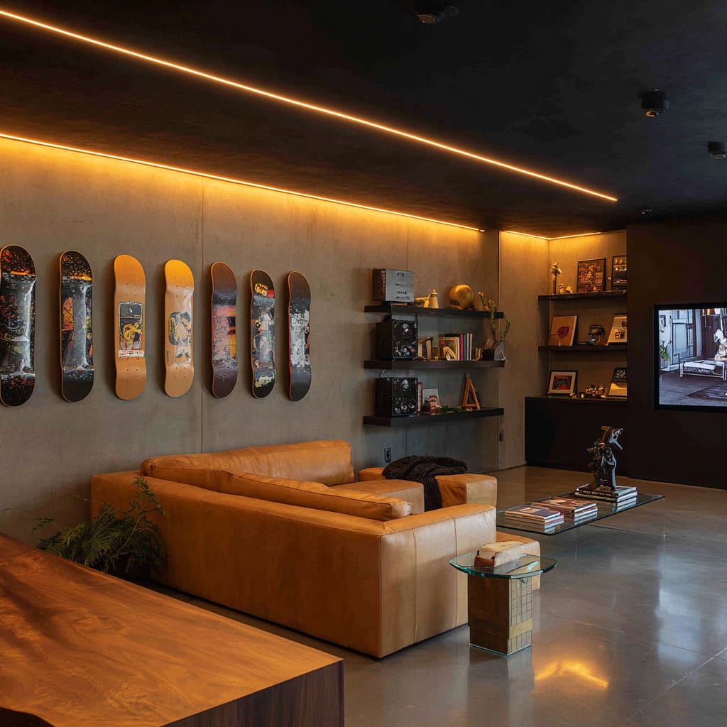 Concrete garage lounge idea with warm linear lighting, hanging skateboard art, caramel leather settee, sculptural wood block side table Concrete garage lounge idea with warm linear lighting, hanging skateboard art, caramel leather settee, sculptural wood block side table