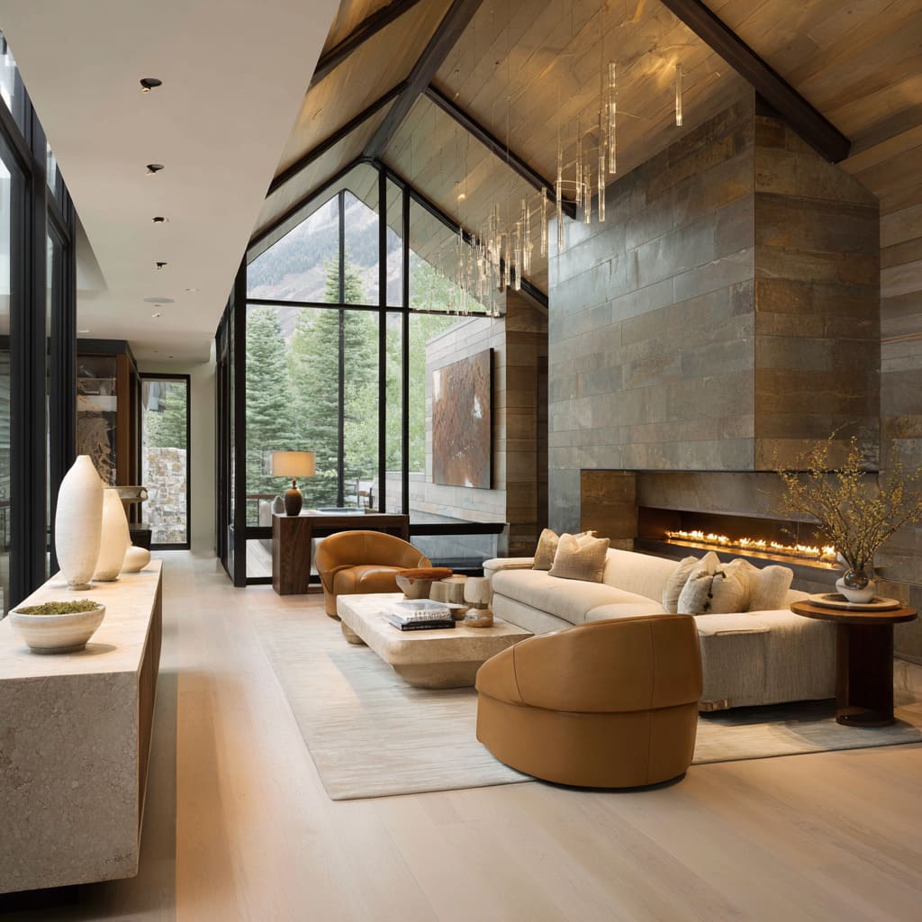 Contemporary ski chalet living room concept featuring a tall A-frame roof, slate stone chimney with ribbon fireplace, sand-toned seating Contemporary ski chalet living room concept featuring a tall A-frame roof, slate stone chimney with ribbon fireplace, sand-toned seating