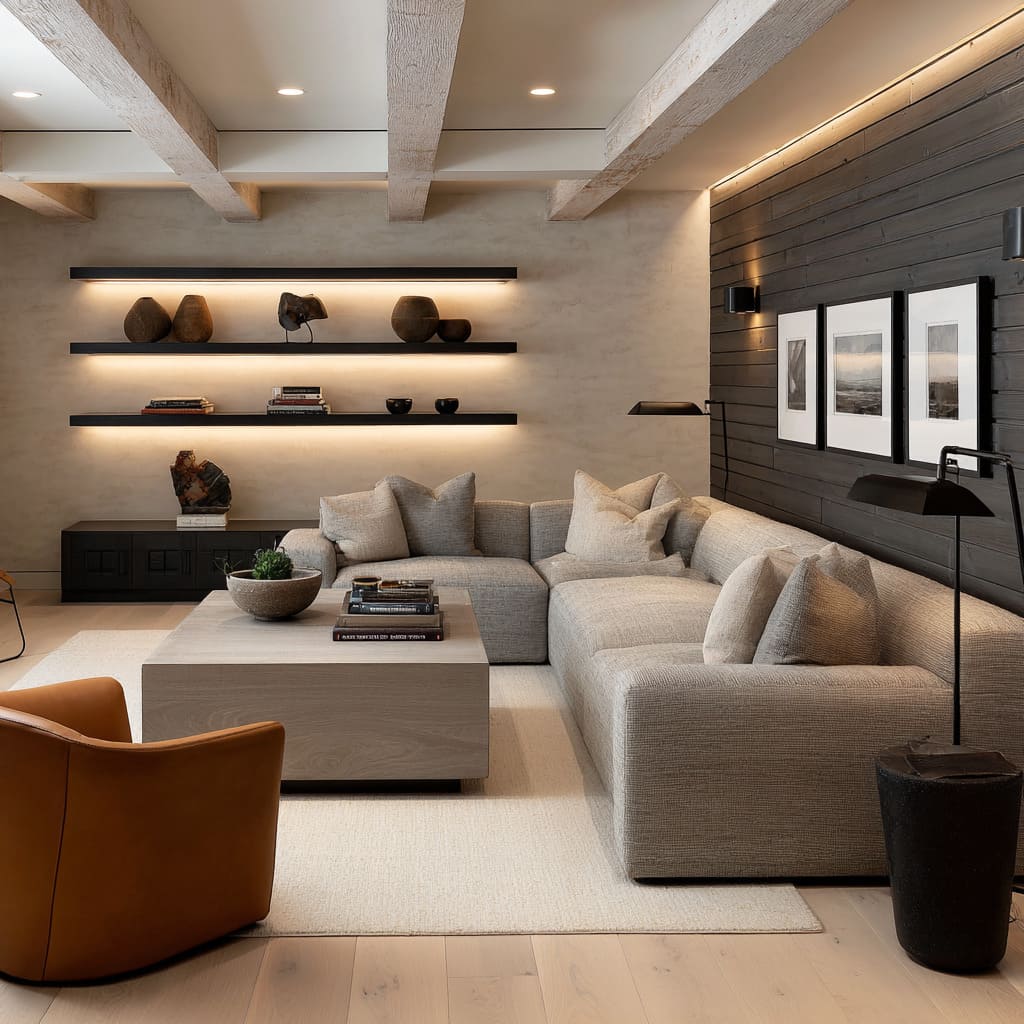 Contrast-calm basement cave design with near-black plank wall and glowing thin shelves, whitewashed beams, heathered gray U-sofa Contrast-calm basement cave design with near-black plank wall and glowing thin shelves, whitewashed beams, heathered gray U-sofa