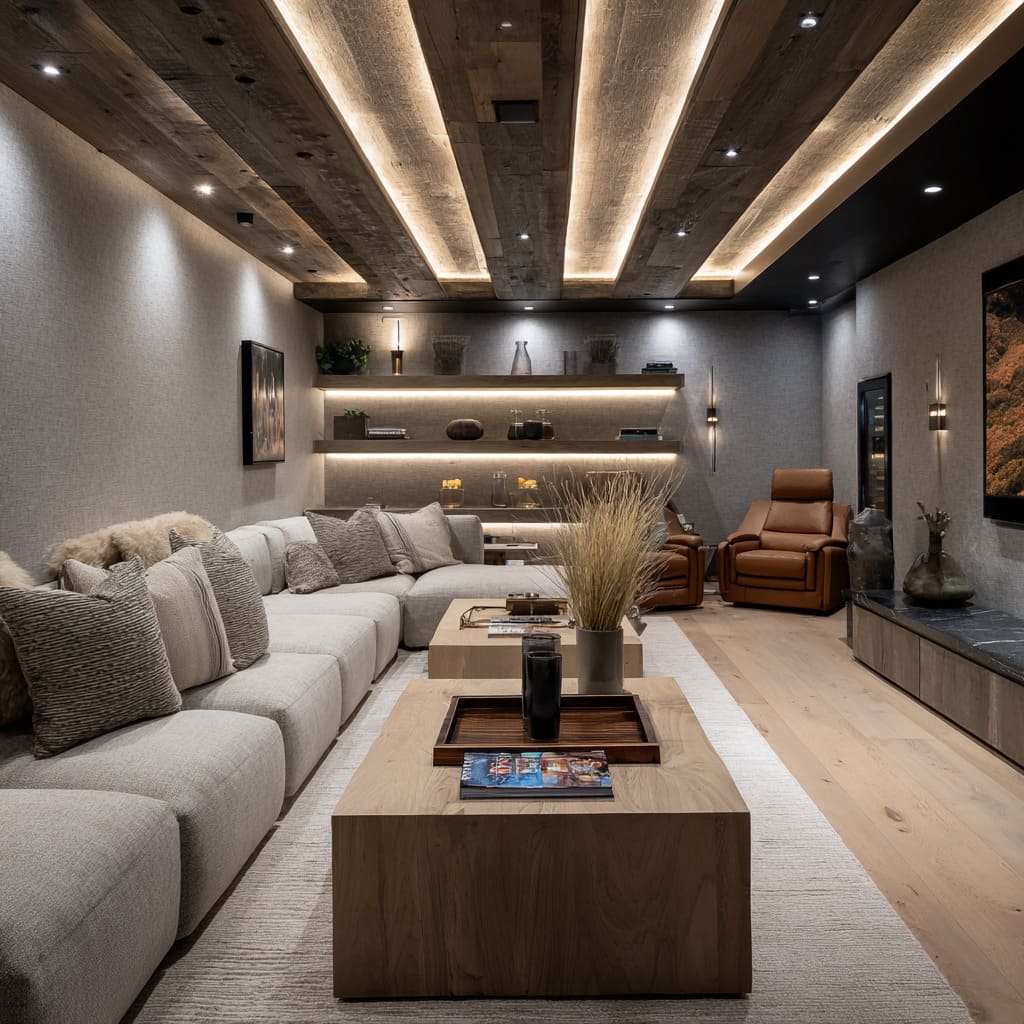 Cool men's cave design with reclaimed wood ceiling light troughs, fabric-wrapped walls, low lit shelving, modular cloud sofa Cool men's cave design with reclaimed wood ceiling light troughs, fabric-wrapped walls, low lit shelving, modular cloud sofa