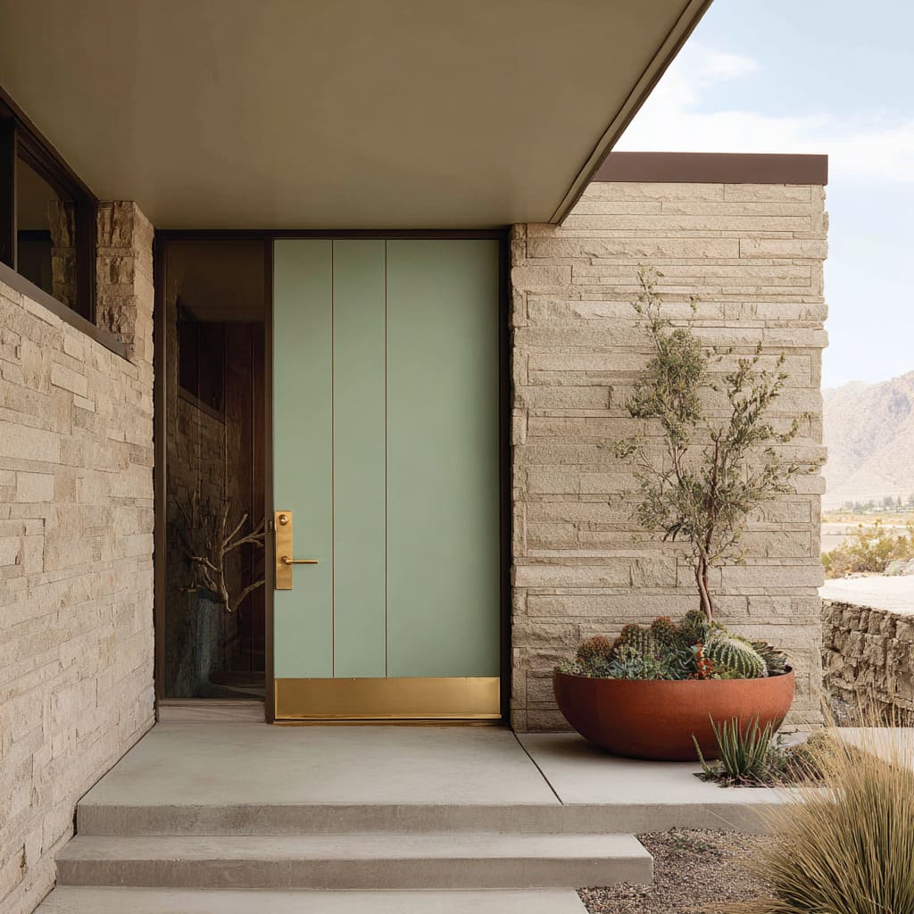 Cool pistachio front door with slim bronze lines, brass kick band, sandy stone walls Cool pistachio front door with slim bronze lines, brass kick band, sandy stone walls