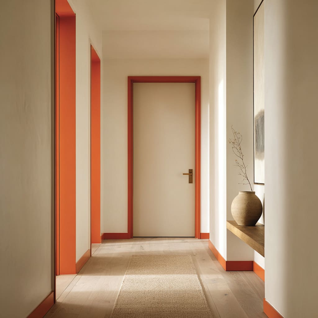 Coral-orange frames and base with a greige door Coral-orange frames and base with a greige door