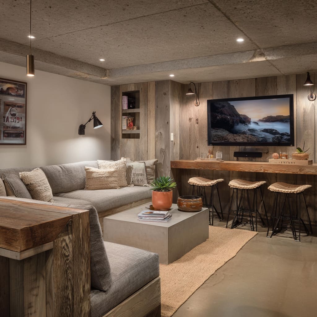Cozy basement lounge setup with weathered wood TV wall, concrete cube tables, L-shaped gray sofa, rope-top stools at a slim ledge Cozy basement lounge setup with weathered wood TV wall, concrete cube tables, L-shaped gray sofa, rope-top stools at a slim ledge