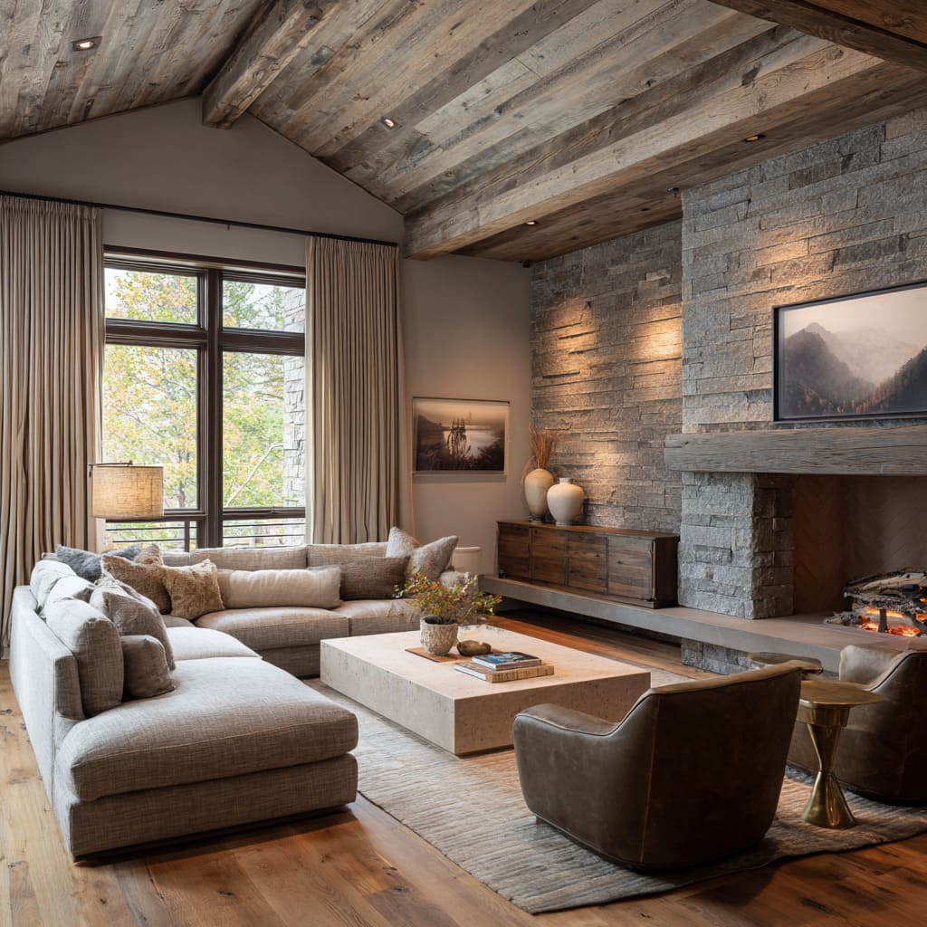 Cozy chalet living room design with pitched weathered wood ceiling, gray stone fireplace, long hearth ledge, oatmeal sectional, mocha swivel chairs Cozy chalet living room design with pitched weathered wood ceiling, gray stone fireplace, long hearth ledge, oatmeal sectional, mocha swivel chairs