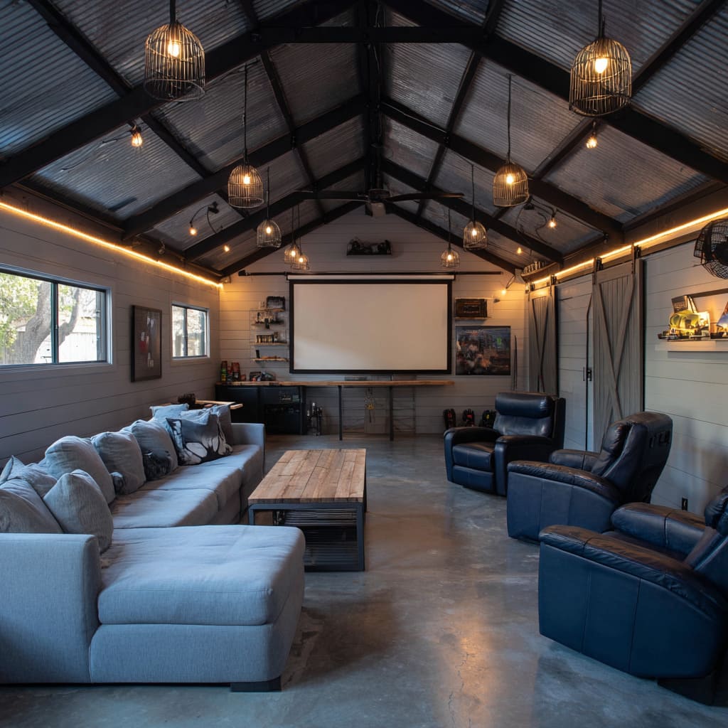 Cozy screening barn garage man cave concept with corrugated ceiling, caged pendants, shiplap walls, barn doors, gray sectional, navy recliners Cozy screening barn garage man cave concept with corrugated ceiling, caged pendants, shiplap walls, barn doors, gray sectional, navy recliners