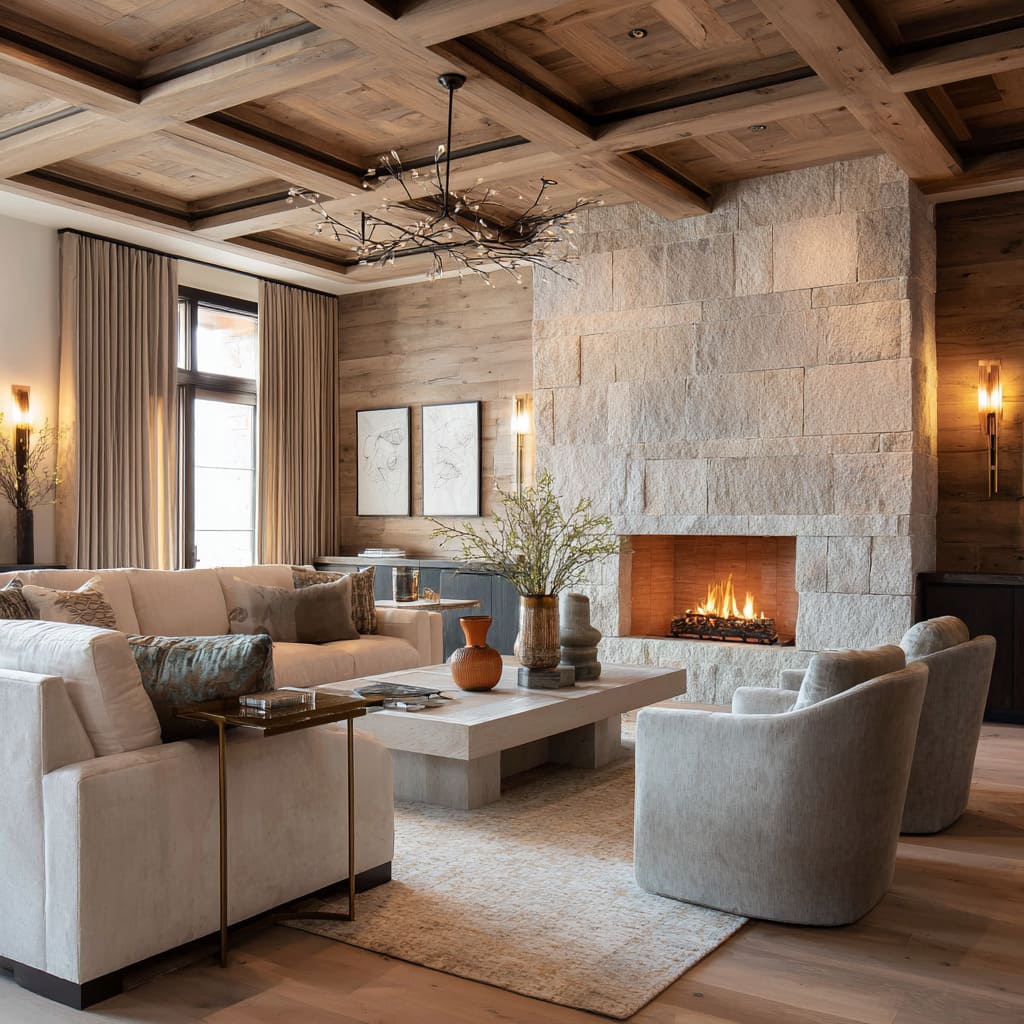 Craft-inspired chalet great room deocrating ideas with coffered oak ceiling, pale split-face stone fireplace, soft L-shaped sofa Craft-inspired chalet great room deocrating ideas with coffered oak ceiling, pale split-face stone fireplace, soft L-shaped sofa
