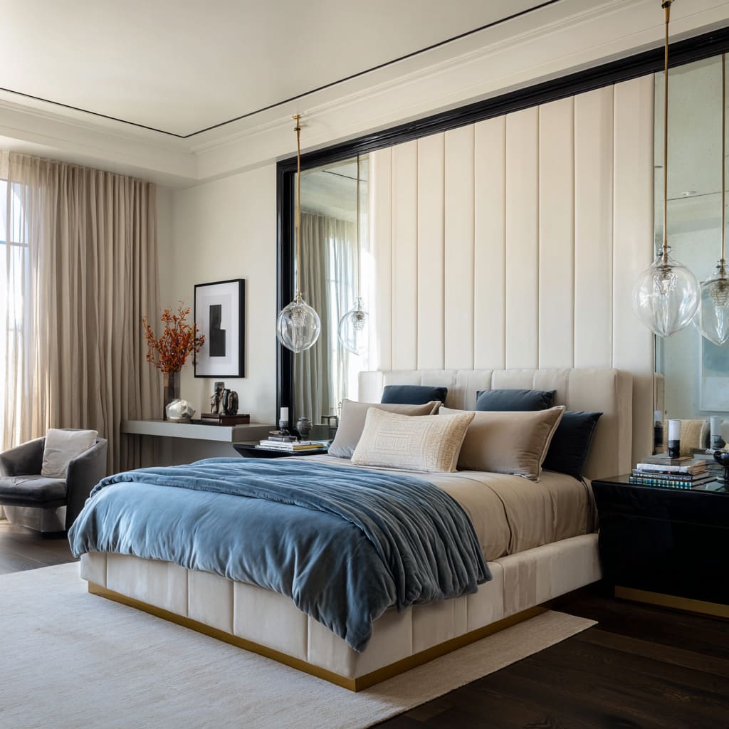 Cream-and-ink hollywood regency bedroom design with ivory upholstered headboard, mirrored side slabs, pendant glass orbs Cream-and-ink hollywood regency bedroom design with ivory upholstered headboard, mirrored side slabs, pendant glass orbs