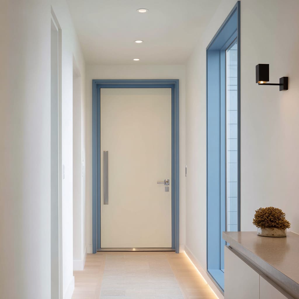 Cream door with dusty blue frames that echo the window reveals Cream door with dusty blue frames that echo the window reveals